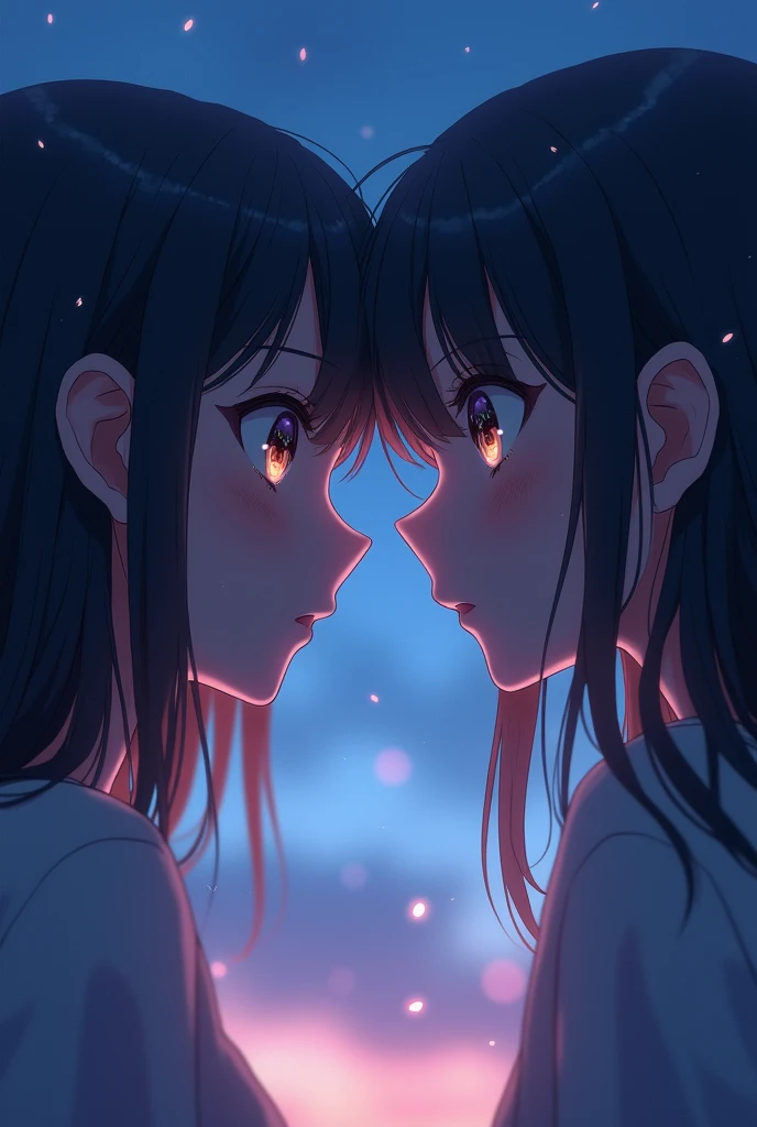 Two faces in profile, perhaps with expressions of longing or melancholy Draw it in anime style