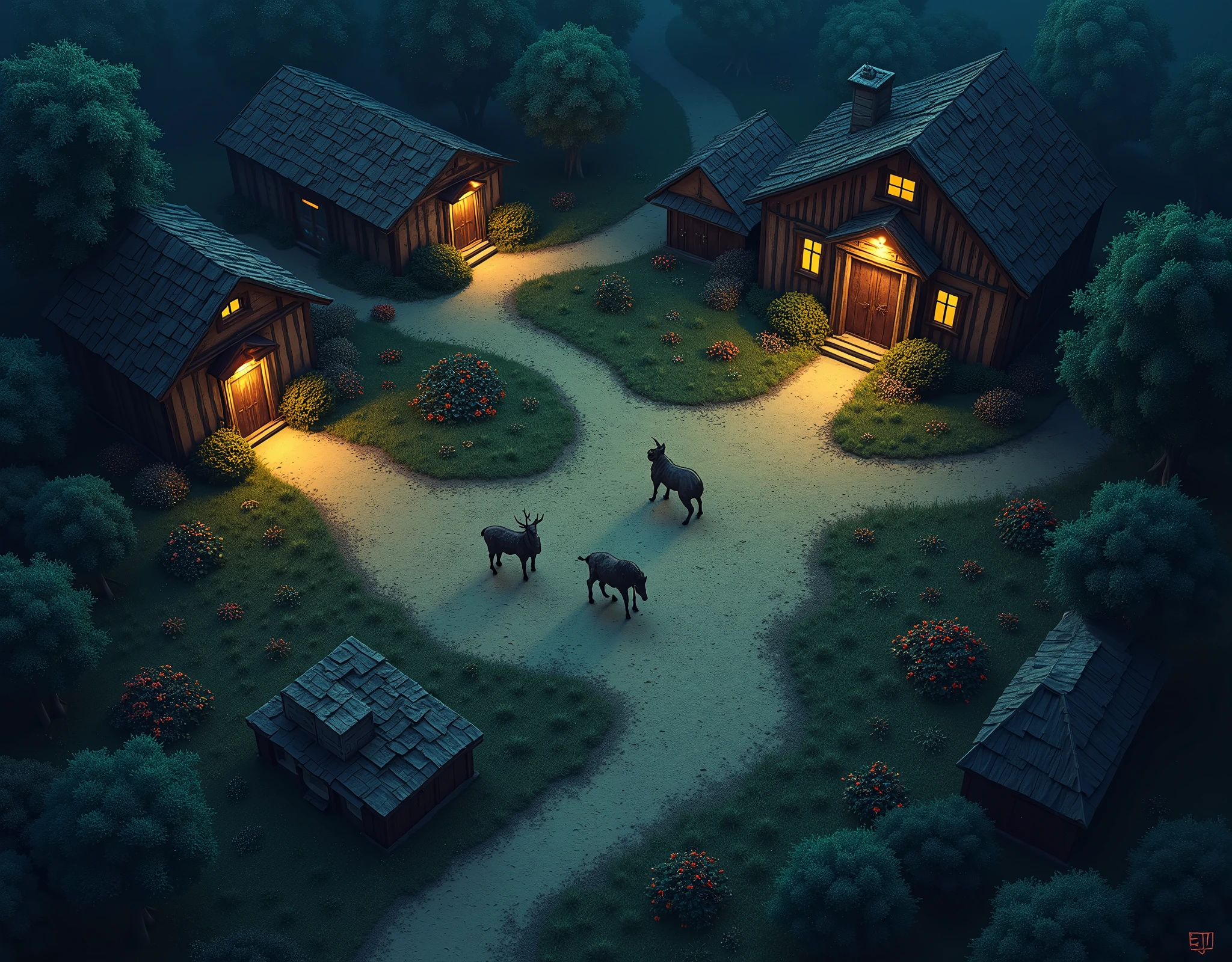 vampire the masquerade, map rpg, (map of a farm with some animals), game art, birdseye straight top-down shot from a drone, battlemap, current modern theme, seen from above, role-playing game, empty location, nighttime environment, (with realistic proportions and textures, intricate details, handdrawn, vibrant, cinematic lighting, masterpiece, 8k:1.2)