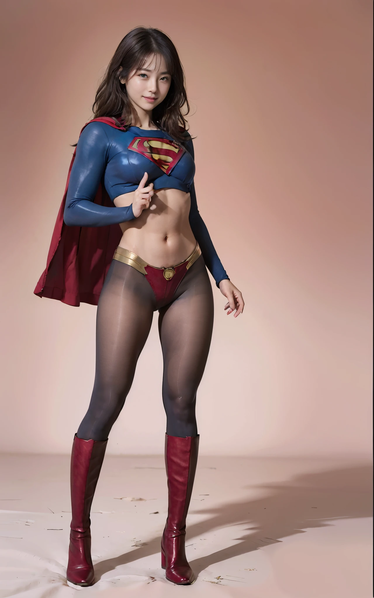 No background、(((Beautiful legs in black tights.)))、(((Legally express the beauty of your smile)))、((((Make the most of your original images)))、(((Supergirl Costume)))、(((Beautiful Hair)))、(((suffering)))、(((Please wear black tights....、Wear red boots)))、((Best image quality、8k))、((Highest quality、8k、masterpiece:1.3))、(((Preserve background )))、Sharp focus:1.2、Beautiful woman with perfect figure:1.4、Slim Abs:1.2、Wet body:1.5、Highly detailed face and skin texture、8k
