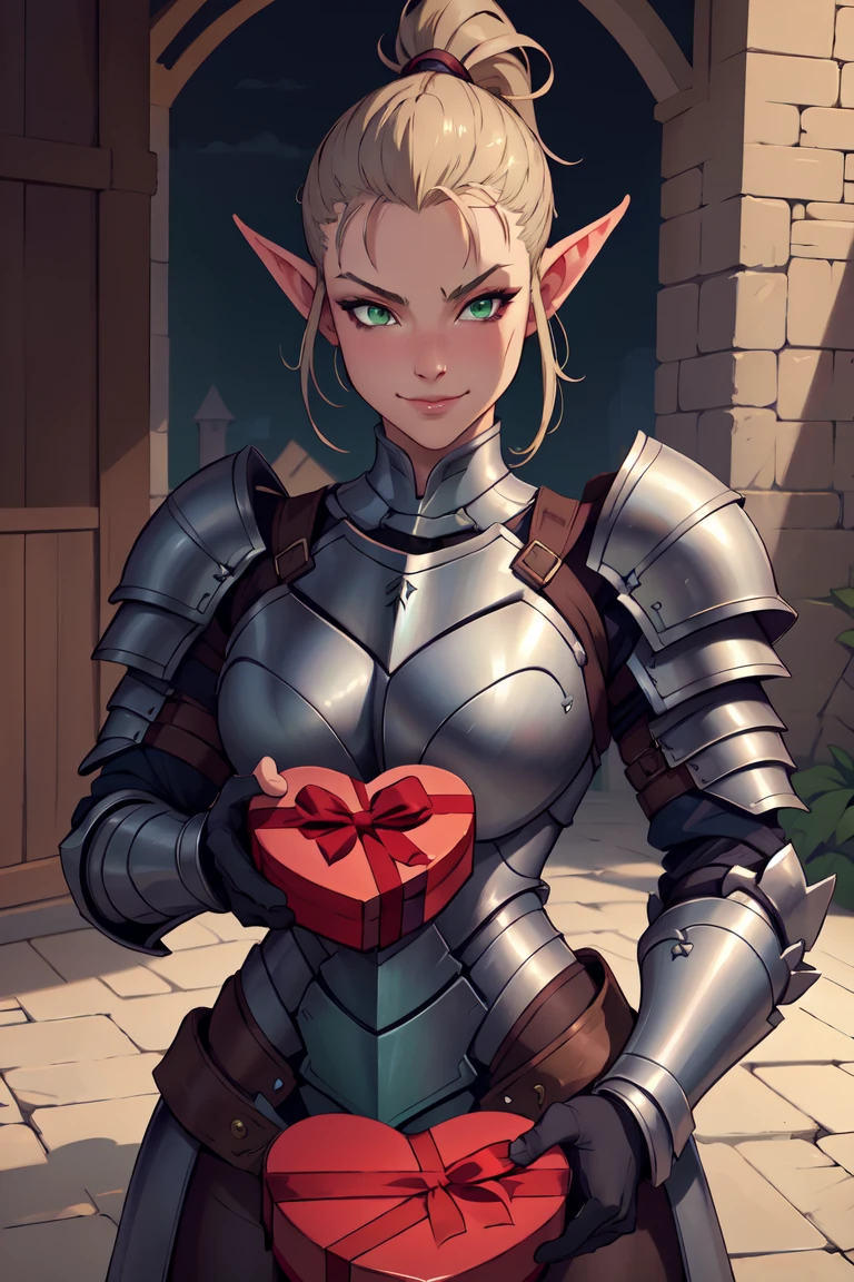 (masterpiece,Best quality,absurdity),IncrsVGiftBoth,Incoming Gift,1 girl,heart of shadow,pointed ears,green eyes,hair, Ponytail, hair ornament, scar, bang,armor, shoulder armor, breastplate, shoulder pads,slight smile  