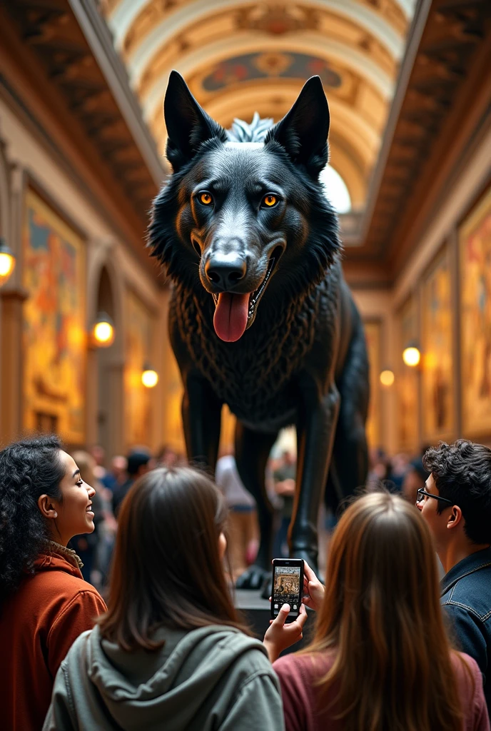 And Animated Photos of realistic sup Some young people in the museum of myths in which a wolf dog with black fur is a realistic iron statue 

