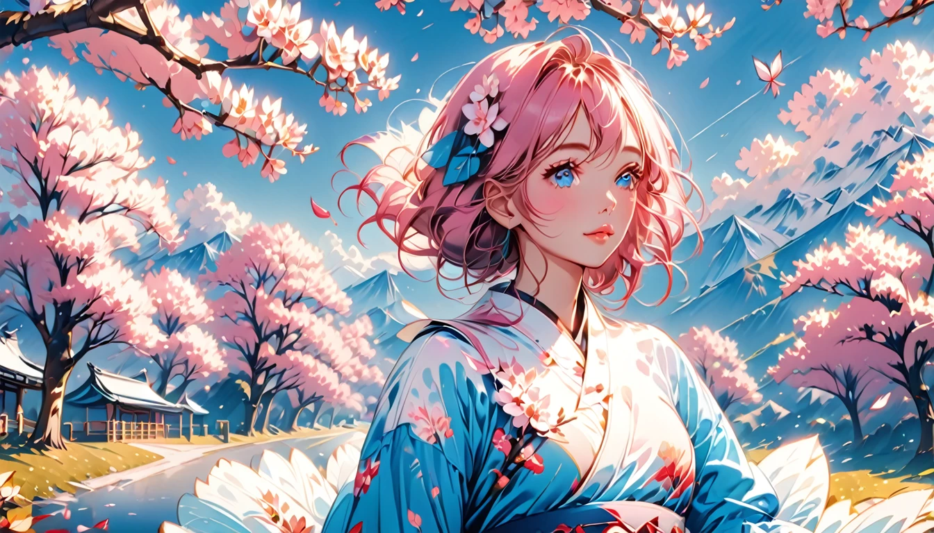 Detailed anime style, Beautiful and stunning artwork, Bright shadows, strong colors, Pastel cotton candy, a beautiful woman, pink hair, blue eyes, Beautiful scenery, Cherry blossom leaves, Linear and detailed illustration
