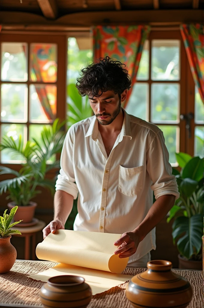 Young man leaving parchment rolled up in a room of a Brazilian house