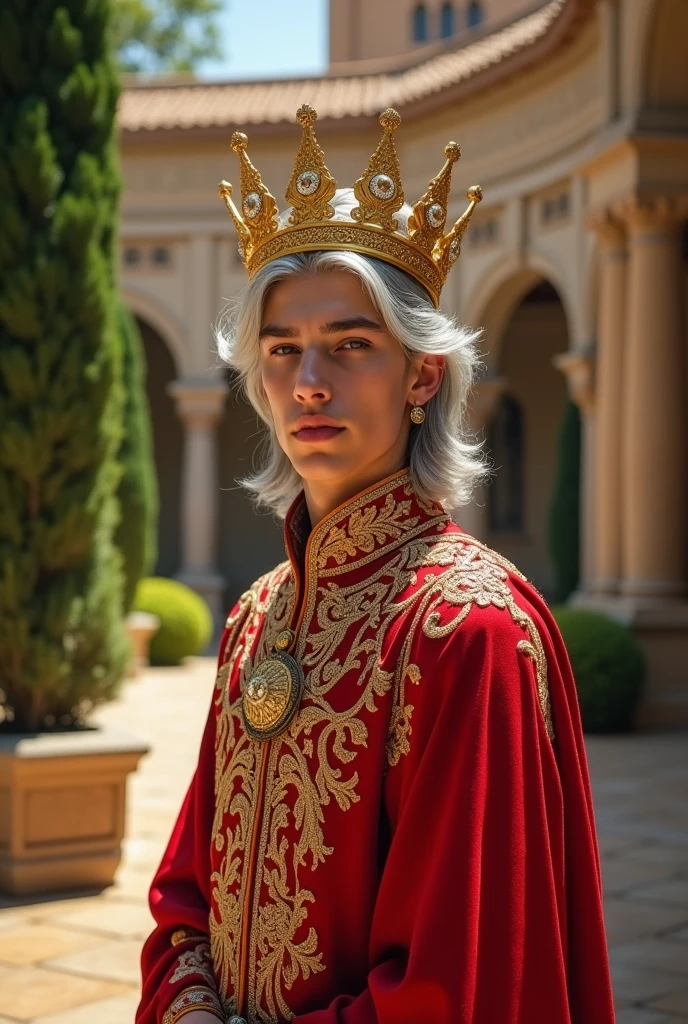 A handsome young prince with long nose wearing red saffron long cloth. Which on have gold and rare pearl embroidery. Silver short hair. With great golden crown