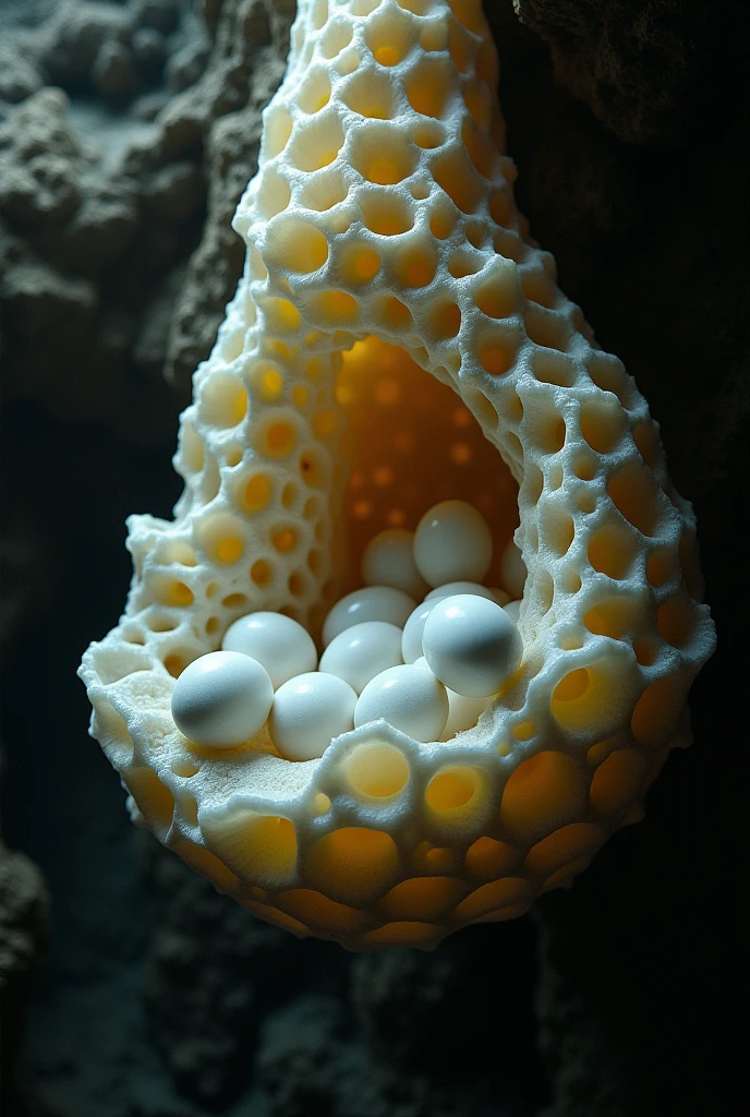 A fleshy honeycomb-like formation inside in the through with white eggs in it, trypophobia 