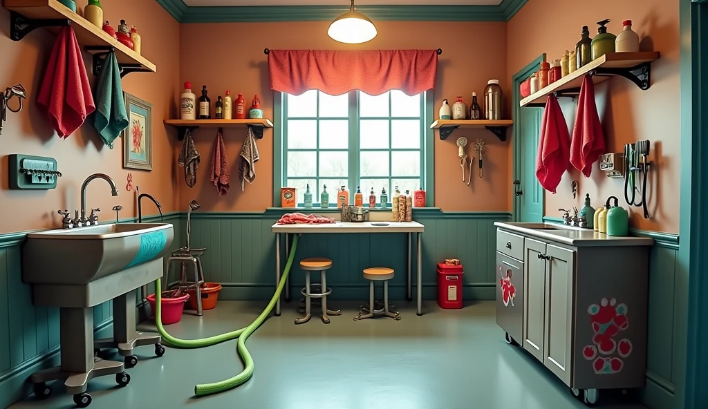 Dogs grooming room, no humans and dogs in the picture, add some grooming equipment, for the YouTube thumbnail, add water hoes