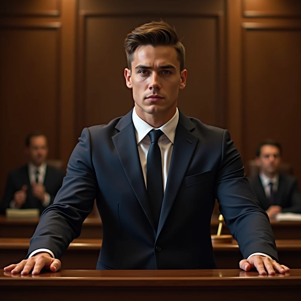 "Create a realistic image of a young man standing at the witness stand, his hands gripping the sides as he speaks with a neutral expression. The stand is prominently featured, showcasing its detailed woodwork, while the background includes a slightly blurred judge and jury, drawing attention to the man at the stand."