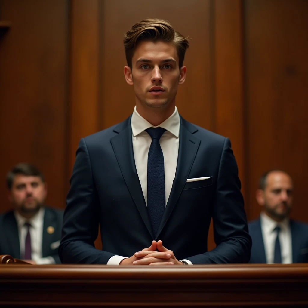 "Create a realistic image of a young man standing at the witness stand, his hands gripping the sides as he speaks with a neutral expression. The stand is prominently featured, showcasing its detailed woodwork, while the background includes a slightly blurred judge and jury, drawing attention to the man at the stand."
