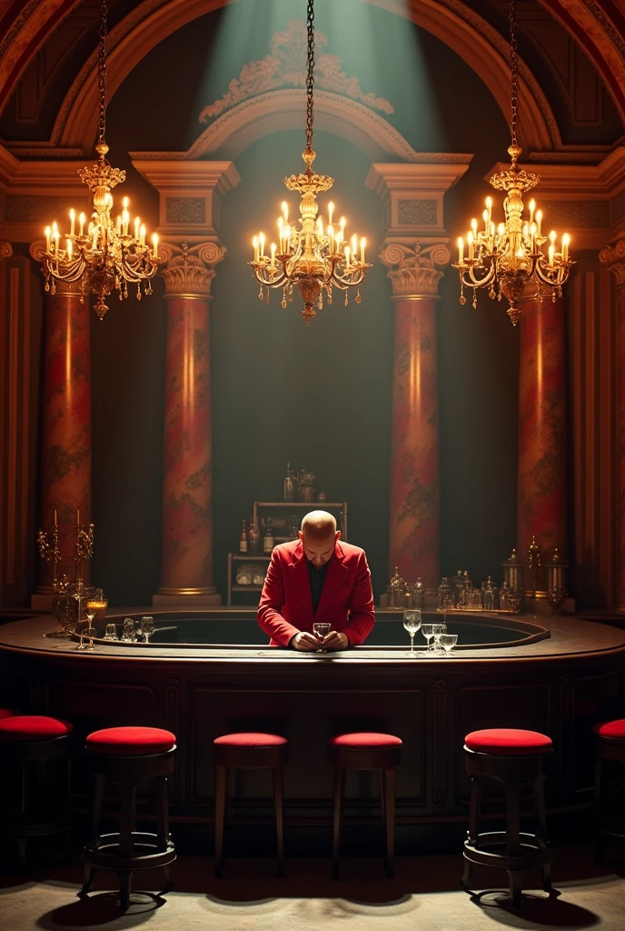 On a large theater stage, the scenography of a large rustic bar with antique details in red and black tones, the counter located in the middle, a mysterious man wearing a red overcoat behind the counter rubbing a glass with a cloth. with 2 tables, left and right, a sideboard behind the very old man from the 18th century, 3 imperial chandeliers, no centro nleft and right.