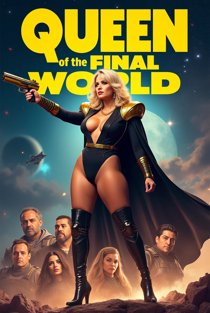 High quality, 2020s sci-fi movie poster, titled “Queen of the Final World” in bold large Yellow text on top.  Filled with headshots of other actors layered besides each other.  In the center is a (40 years old), tall voluptuous  ((middle eastern woman)), dramatic pointing pose, holding a raygun, wide chin, big nose, broad shoulders, wide hips, thick thighs, blonde hair, red plastic helmet, golden shoulder pads, plunging neckline, (bare midriff), thigh-high boots, black cape.