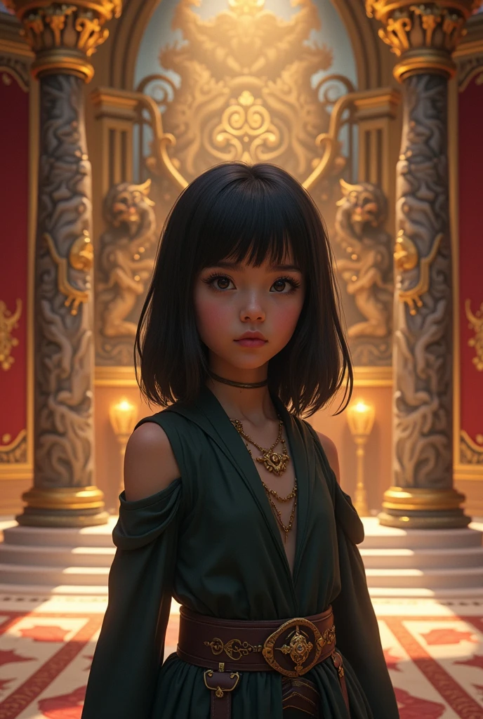 1 girl, black hair and medium long hair, king, with black eyes, and fringe