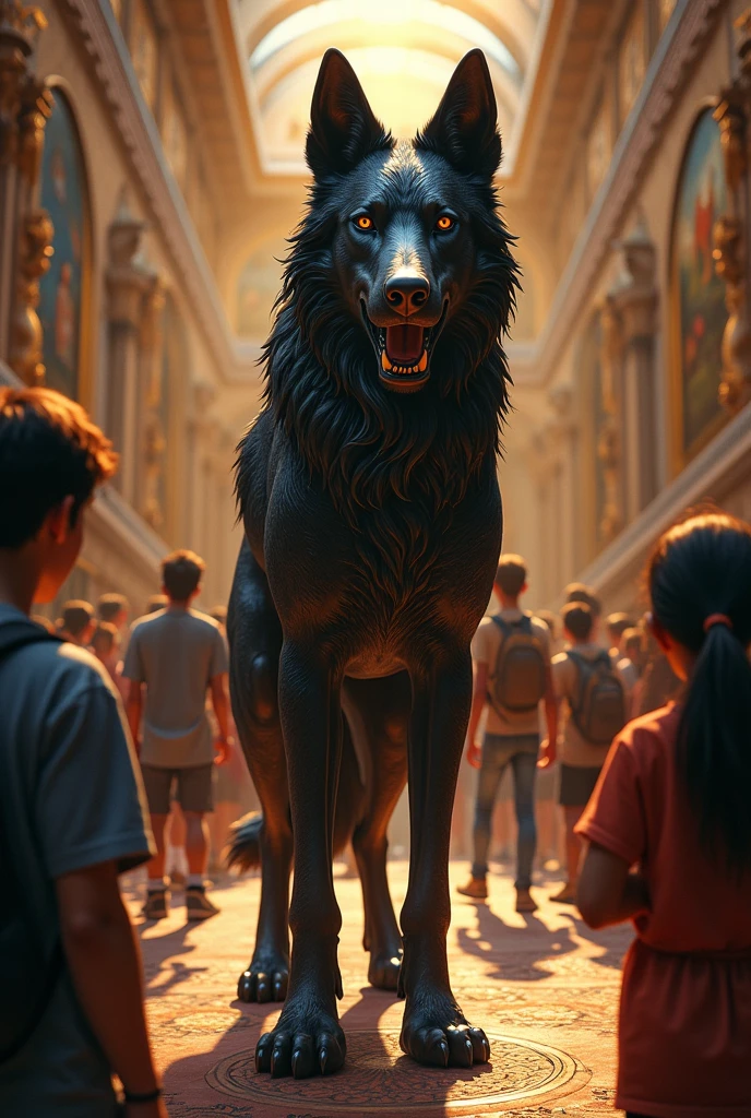 And Animated Photos of realistic sup Some young people in the museum of myths in which a wolf dog with black fur is a realistic iron statue