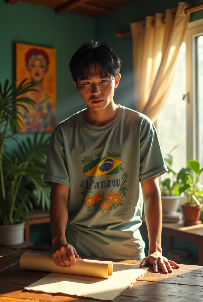 Young Korean man leaves rolled up parchment in a room of a Brazilian house