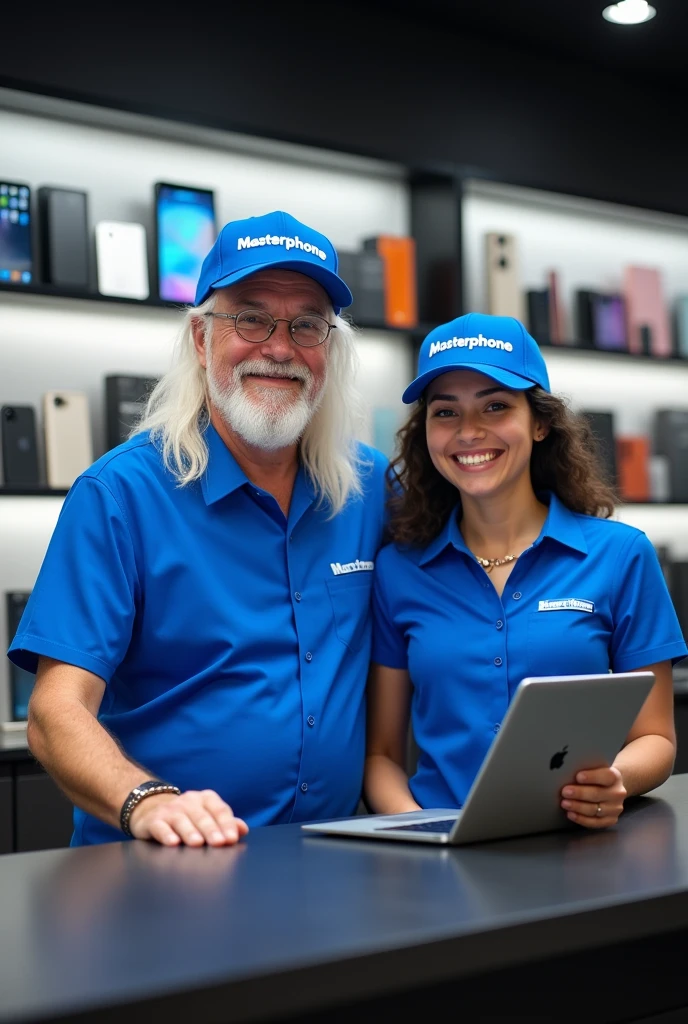 Create image of a 50 year old man with uncut white hair, blue cap with masterphone written on it and a blue shirt, With this man behind a counter in a phone accessories store and next to this man another 25 year old man in the same uniform holding the Apple notebook, I would like an image that could be used to advertise the Masterphone establishment