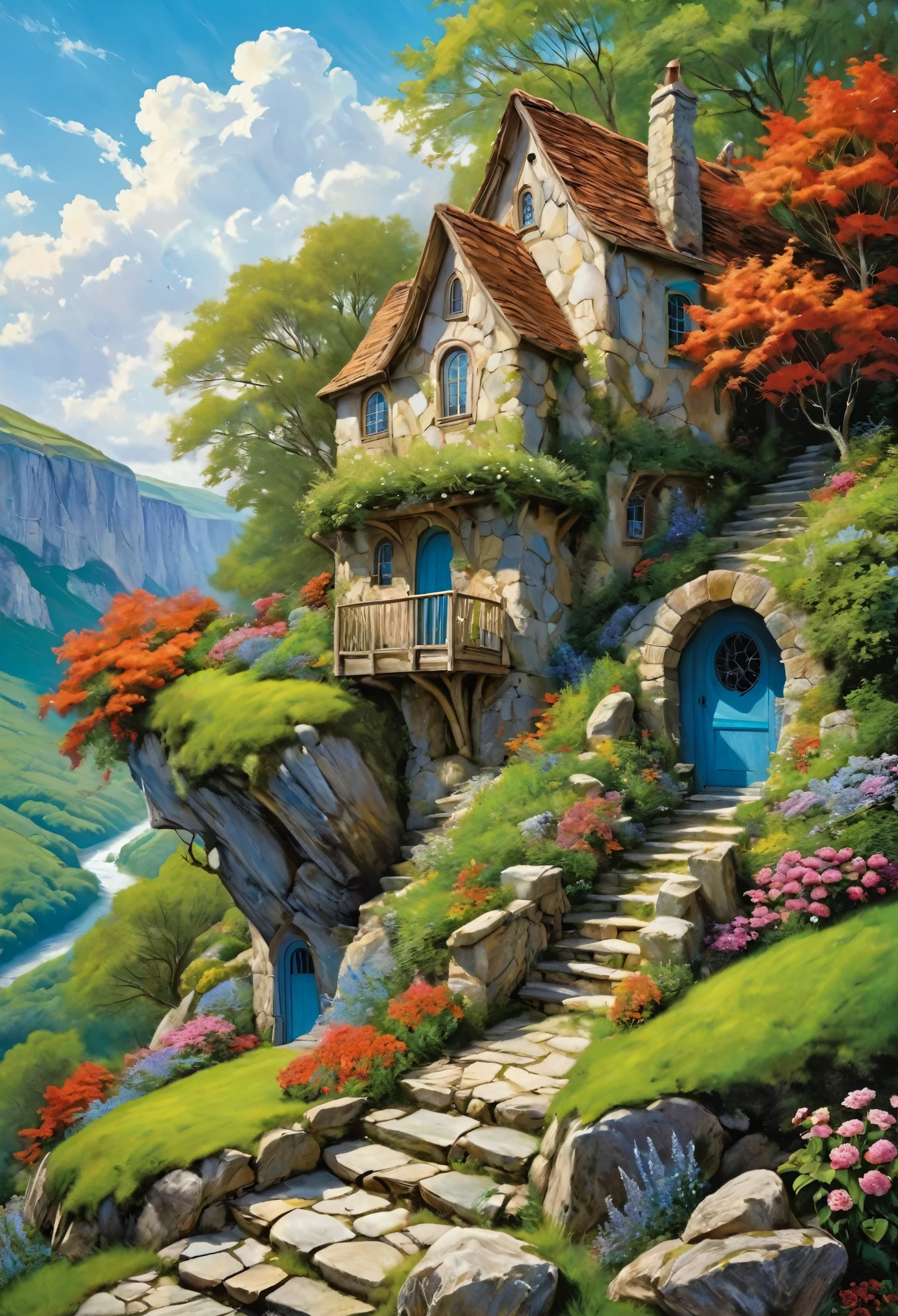 Vibrant, detailed digital painting of a whimsical, multi-story house perched on a rocky cliff. The house features a mix of wooden and stone elements, with steep, red-tiled roofs and multiple chimneys. The structure is surrounded by lush greenery, including trees, bushes, and colorful flowers, creating a lively and enchanting atmosphere. The sky is filled with fluffy, white clouds against a bright blue backdrop, adding to the overall cheerful and magical feel of the scene. The painting is rich in color and texture, with intricate details that bring the fantasy setting to life.