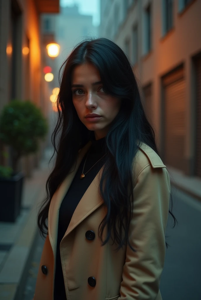 young woman, series, with dark green eyes and very long black hair, wearing a beige overcoat, mysterious, reddish olive skin, sobbing