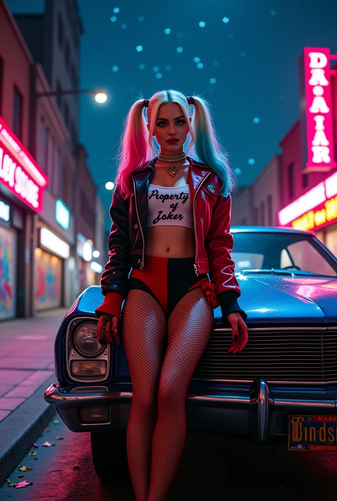 use Margot Robbie's Harley Quinn as a base, with the clothes she wears in the movie Suicide Squad, smiling wearing gold and diamond grillz all over her mouth
with a car in the background at night.