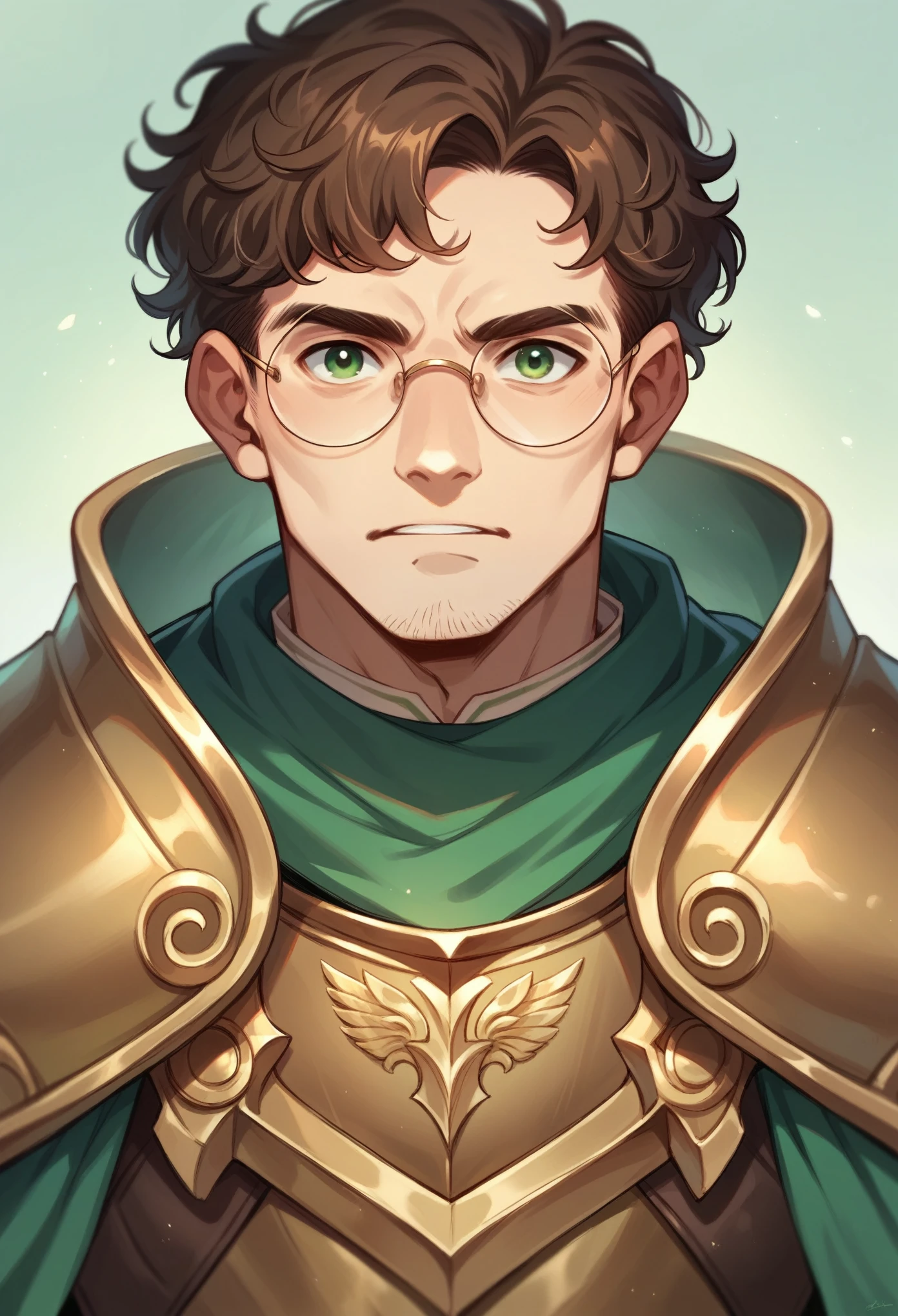 thin man ,curly brown hair ,green eyes ,He wears round glasses and has warrior armor with precious stones
