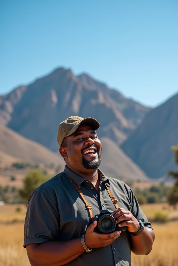 The cartoon image of an overweight dark-skinned photographer, barba, smiling with a camera in his hand, a cap and the Ávila in the background. 