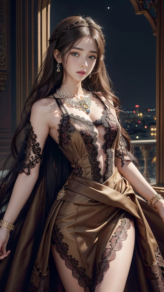 8K, ultra HD, Masterpiece, 1 girl, good face, very long hair, spreading hair, detailed eyes, lovely lips, shining brown dress, decorated dress, strap dress, bare waist, (lace:1.5), (jewellery:1.5), night background,