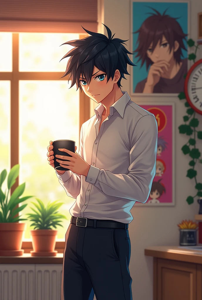 An anime boy who was getting ready for work while drinking coffee