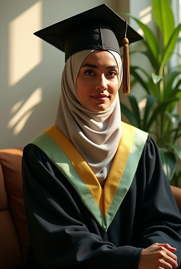 (photorealism:1.2), A women wearing hijab, wearing black graduation hat, in pastel green graduation hood With a yellow stripe on the edge, wearing a black graduation gown, indoors, soft lighting, plants in background, window with sunlight, cozy room, relaxed pose, realistic, intricate details, warm colors, by Greg Rutkowski, by Alphonse Mucha