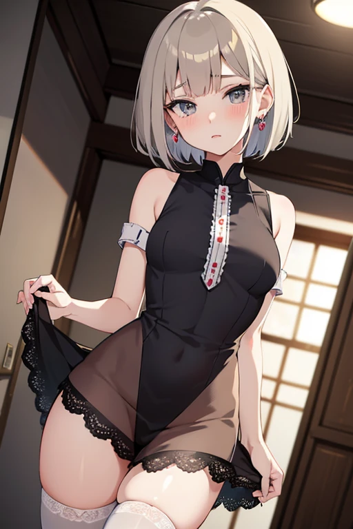 Anime girl, erotic ,
slender, 18 years old, blush, Ukrainian traditional dressing, short dress, wide hips,seductive forms,seductive look at the viewer, embroidery, brunette hair, short hair, bob cut hair, white skin, grey eyes, shiny skin, A school festival, dynamic angle, lace stockings, masterpiece, best quality, 
embroidered shirt, earrings