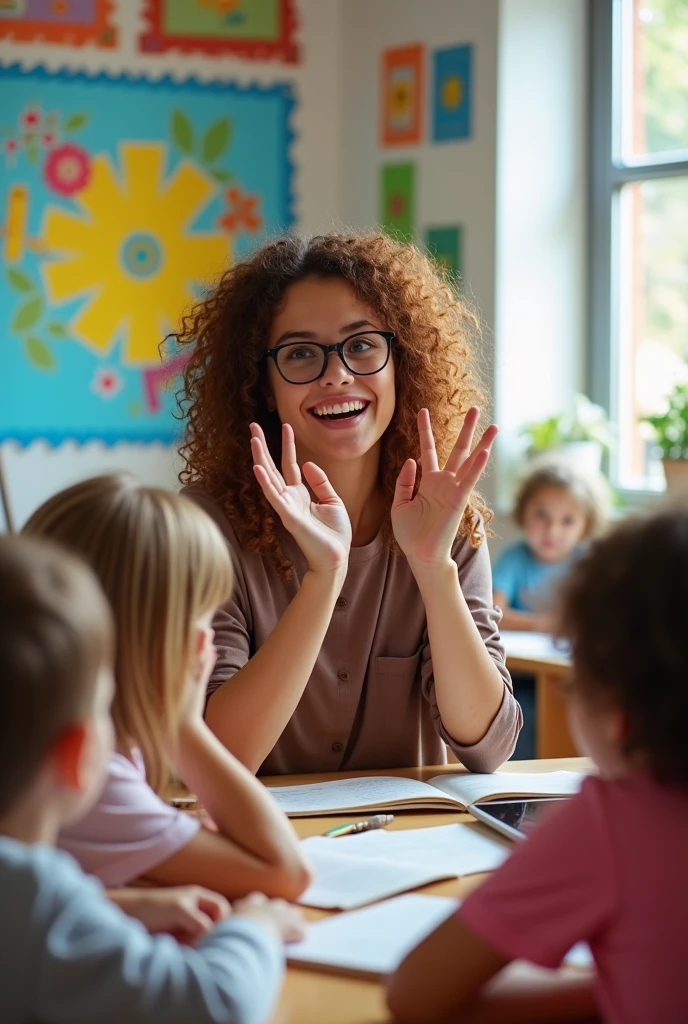 Sexy curly hair young girl, wearing glasses, Teaching children, 