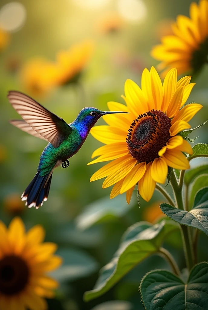 Hummingbird flying in search of a gorasol