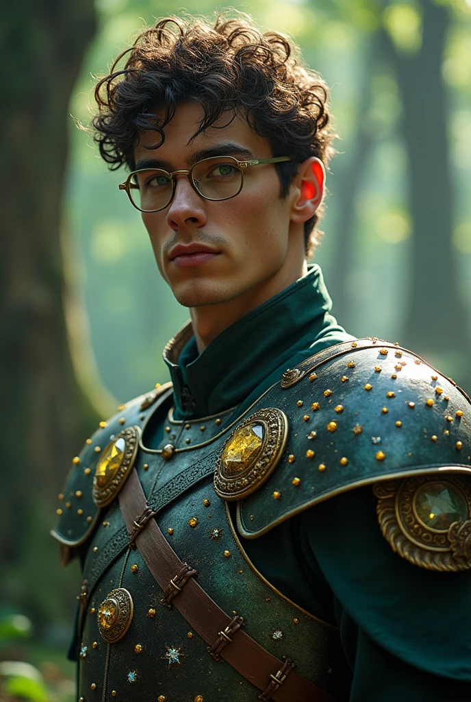 thin man ,curly brown hair ,green eyes ,He wears round glasses and has warrior armor with precious stones 