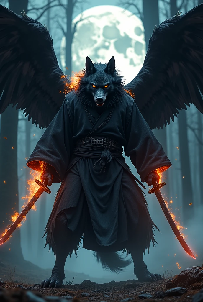 black werewolf, kamishimo, two katanas, black wings, neck on fire.