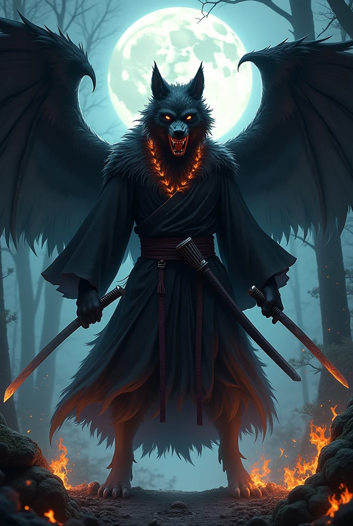 black werewolf, kamishimo, two katanas, black wings, neck on fire.