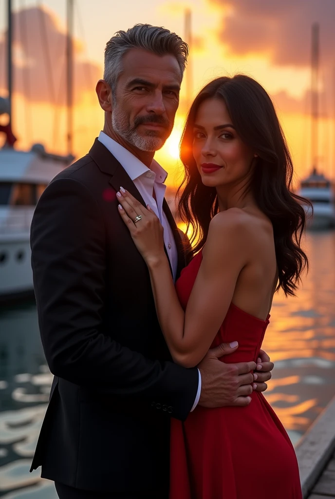 Make a cover for a book, where the background is a port featuring a couple, a muscular white Brazilian man in his 40s but looks younger, Cao Cao, slightly gray and in a well-groomed black suit, the white brazilian woman, black hair slightly wavy at the ends, almond eyes and sensual red dress, small ceios. Both look at the front of the screen
