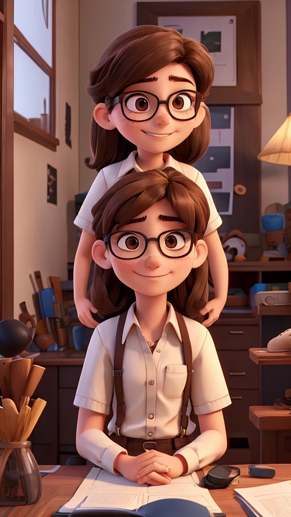 1girl, 1boy, glasses, facial_hair, smile, brown_hair, shirt, tattoo, hetero, beard, black-framed_eyewear, long_hair, indoors, brown_eyes, pants, age_difference, blue_shirt, lamp, freckles, looking_at_viewer, sitting_on_lap, brown-framed_eyewear, sitting, breasts, collared_shirt, hand_on_another's_chest, arm_tattoo, thick_eyebrows, short_sleeves, couple