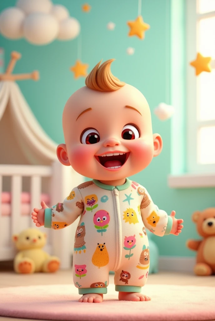Cartoon of a baby wearing a romper and smiling