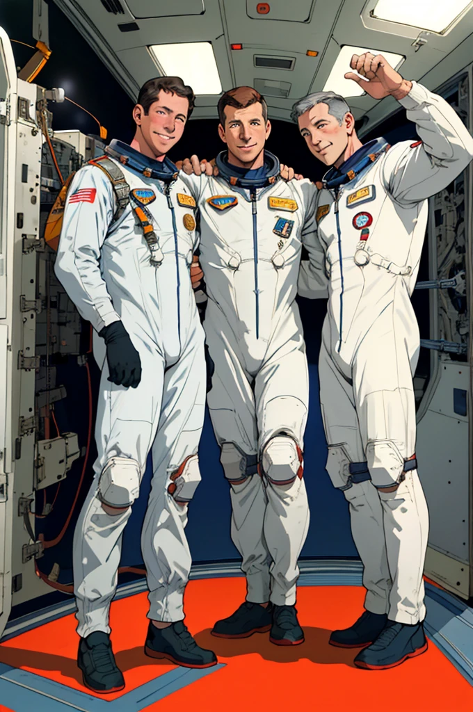 Astronauts Wally Schirra, Donn Eisele and Walter Cunningham in their spacesuits, ready to board.high resolution,