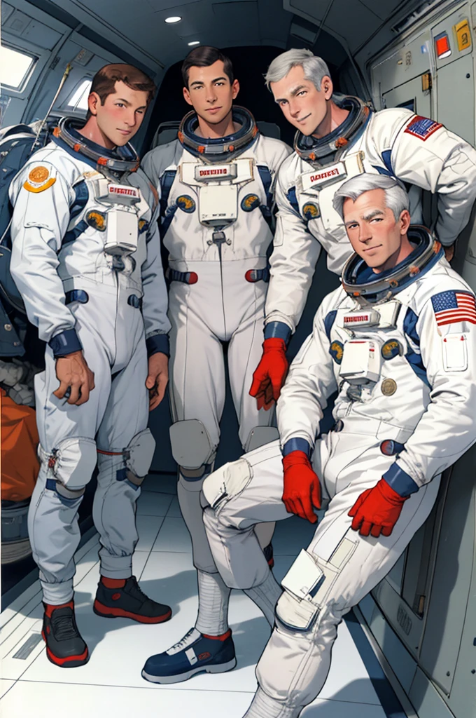 Astronauts Wally Schirra, Donn Eisele and Walter Cunningham in their spacesuits, ready to board.high resolution, 