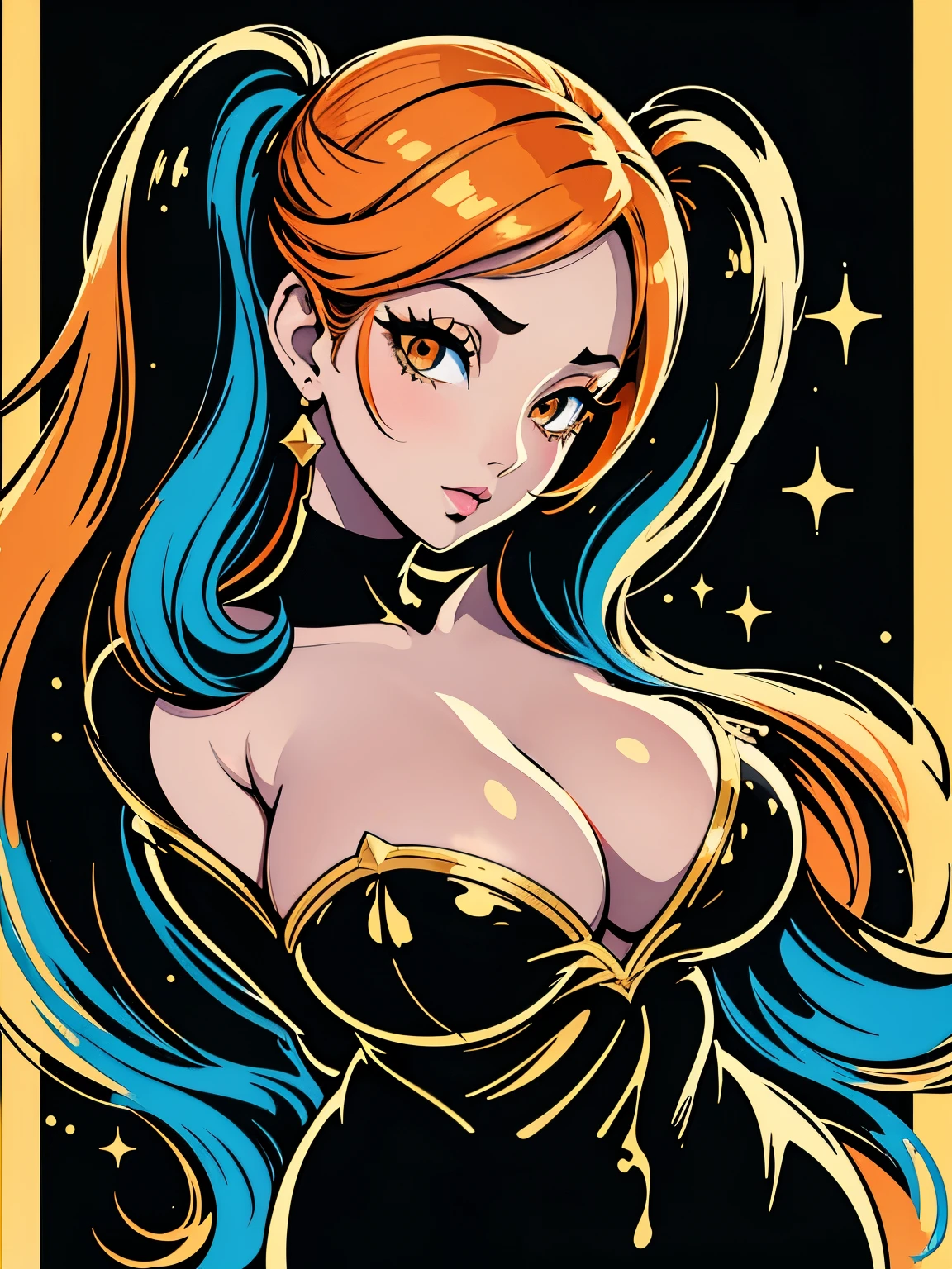 chiaroscuro technique on sensual illustration of an elegant , retro and vintage, matte painting, by Hannah Dale, by Harumi Hironaka, extremely soft colors, vibrant, pastel, highly detailed, digital artwork, high contrast, dramatic, refined, tonal, golden ratio, nami, orange hair, orange eyes, big breasts, cleavage, (arms behind back), looking at viewer, (solid black background), gold sparkles, gold border,