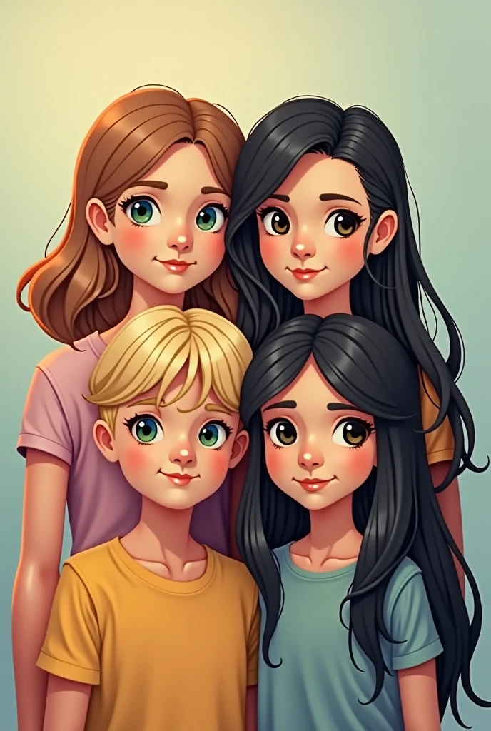 logo appearing only from the neck up: a sister aged 23, with medium blonde hair but light brown at the roots and green eyes. a brother in the middle aged 30, no mustache and no beard, with brown hair. a 31 year old sister with black eyes and long straight black hair. 