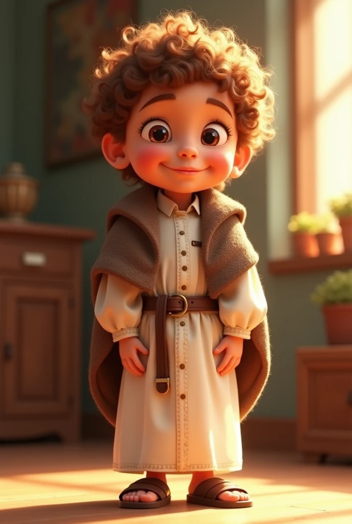 Um judeu, , Pixar-style, Caucasian skin, Short curly hair in light brown color, wearing a white Jewish dress, with brown blanket, brown belt, jewish sandal, happy and welcoming expression, detailed facial features, complex clothing folds, warm lighting, film composition, rewarded photography.