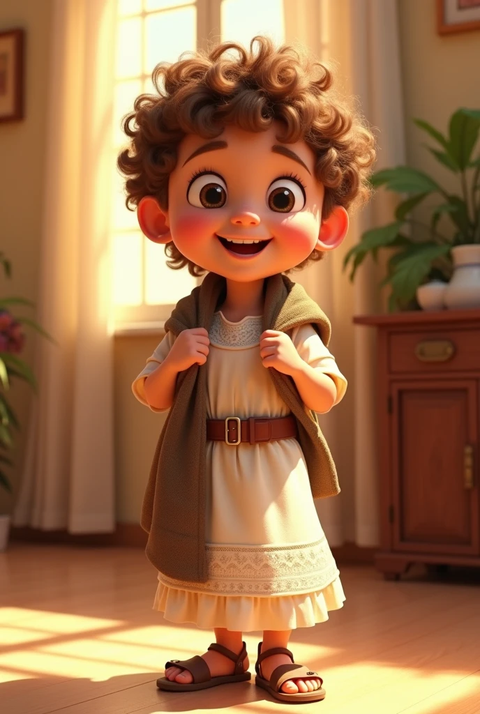 Um judeu, 7 years old, Pixar-style, Caucasian skin, Short curly hair in light brown color, wearing a white Jewish dress, with brown blanket, brown belt, jewish sandal, happy and welcoming expression, detailed facial features, complex clothing folds, warm lighting, film composition, rewarded photography.