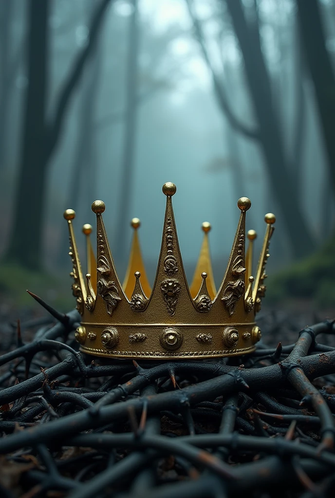 a twisted, golden crown resting atop a bed of sharp, black thorns. The crown’s delicate filigree design contrasts with the harshness of the thorns, some of which pierce through its base, drawing attention to the duality of beauty and cruelty. In the background, there is a glimpse of an enchanted forest, shrouded in mist, with shadows hinting at hidden creatures. The overall mood is one of regal menace, where power and treachery intertwine.