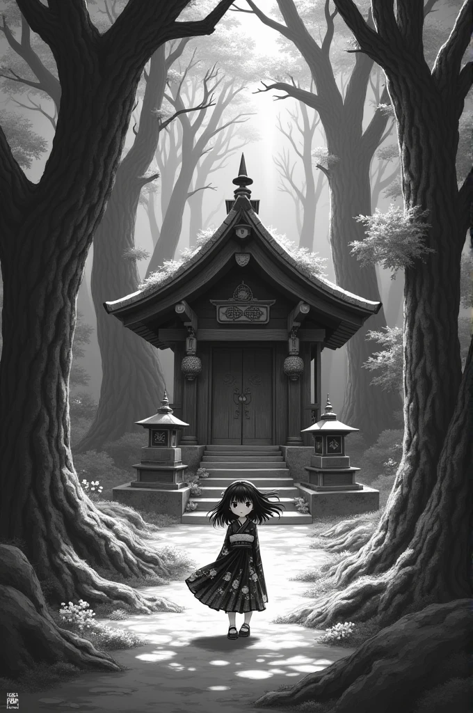 Create a black and white anime-style image of a location 
