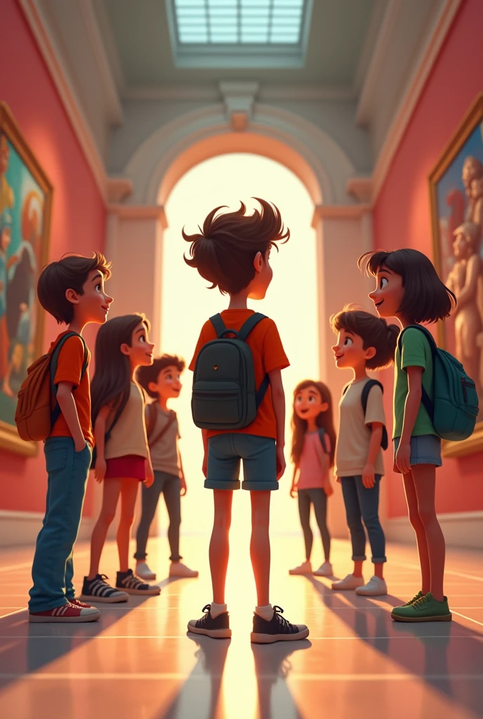  A sub-realistic animated image of a ager with brown hair who is in the museum with 7 young people  