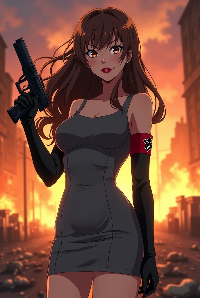 Anime style, A full body action pose of a Beautiful evil (((nazi))) (((woman late 20’s))) with long brown hair with bangs and a swaztika barrette, hazel eyes filled with hate, and (((thin glossy red lips))), a sadistic smirk across her face. She is wearing a tight gray short dress with a nazi armband and black full length gloves and holding a gun. (((Destroying, Evil wins, burning city, lots of bodies litter the ground))).