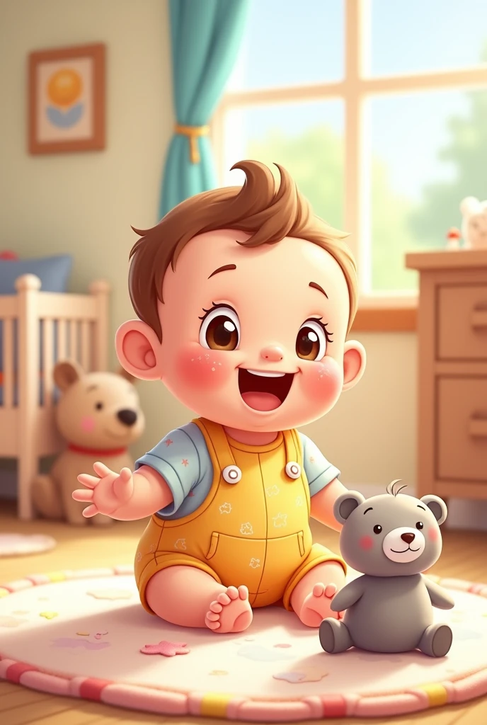 Cartoon of a baby wearing a romper and smiling