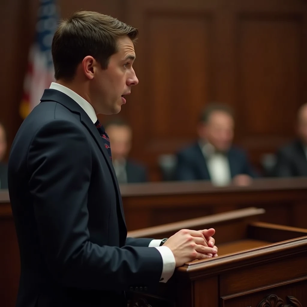 "A detailed and realistic illustration of a young man standing at the witness stand, his hands gripping the edges as he speaks with a serious expression. The stand is the central focus, highlighted by its intricate wood details, while the background includes a slightly blurred judge and courtroom setting."