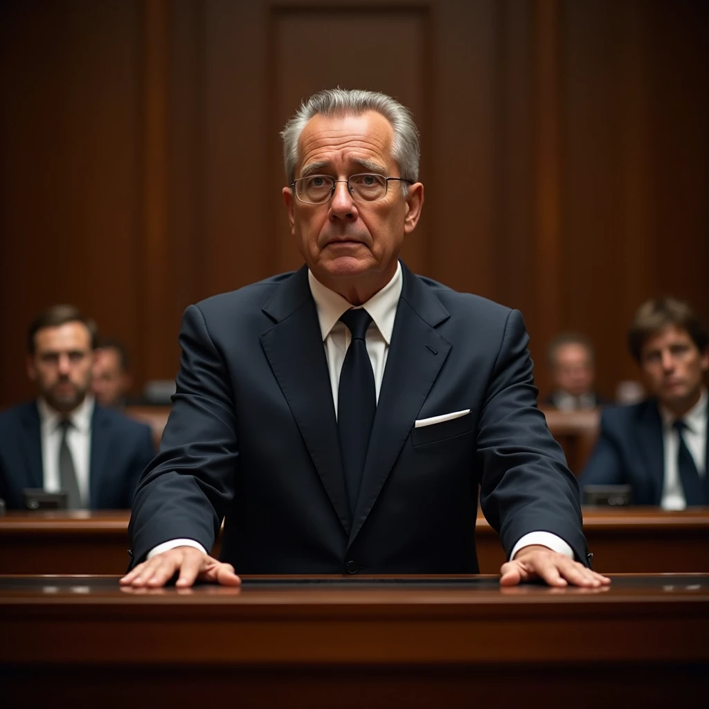 "Create a lifelike image of a middle-aged man standing at the witness stand, his hands firmly placed on the stand as he testifies with a neutral expression. The stand is prominently featured, with its rich wood texture and polished surface. The background includes the judge and jury, slightly blurred to maintain focus on the man at the stand."