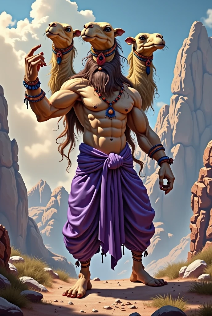 muscular bipedal camel with 3 heads, doing an indian deity pose, wearing purple sultan pants, digitl art, painting-like, HD, unrealistic, with one arm down and the other arm up, illustration