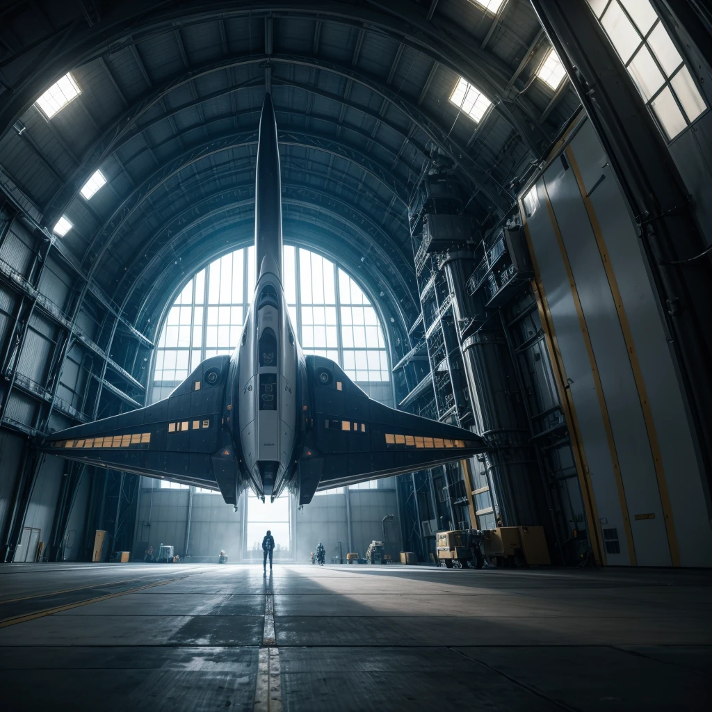 a spaceship, waiting for the countdown to go to space, coupled in a hangar